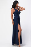 La Scala Full Tricot Deep V-Neck A-Line Dress with Side Slit 25953