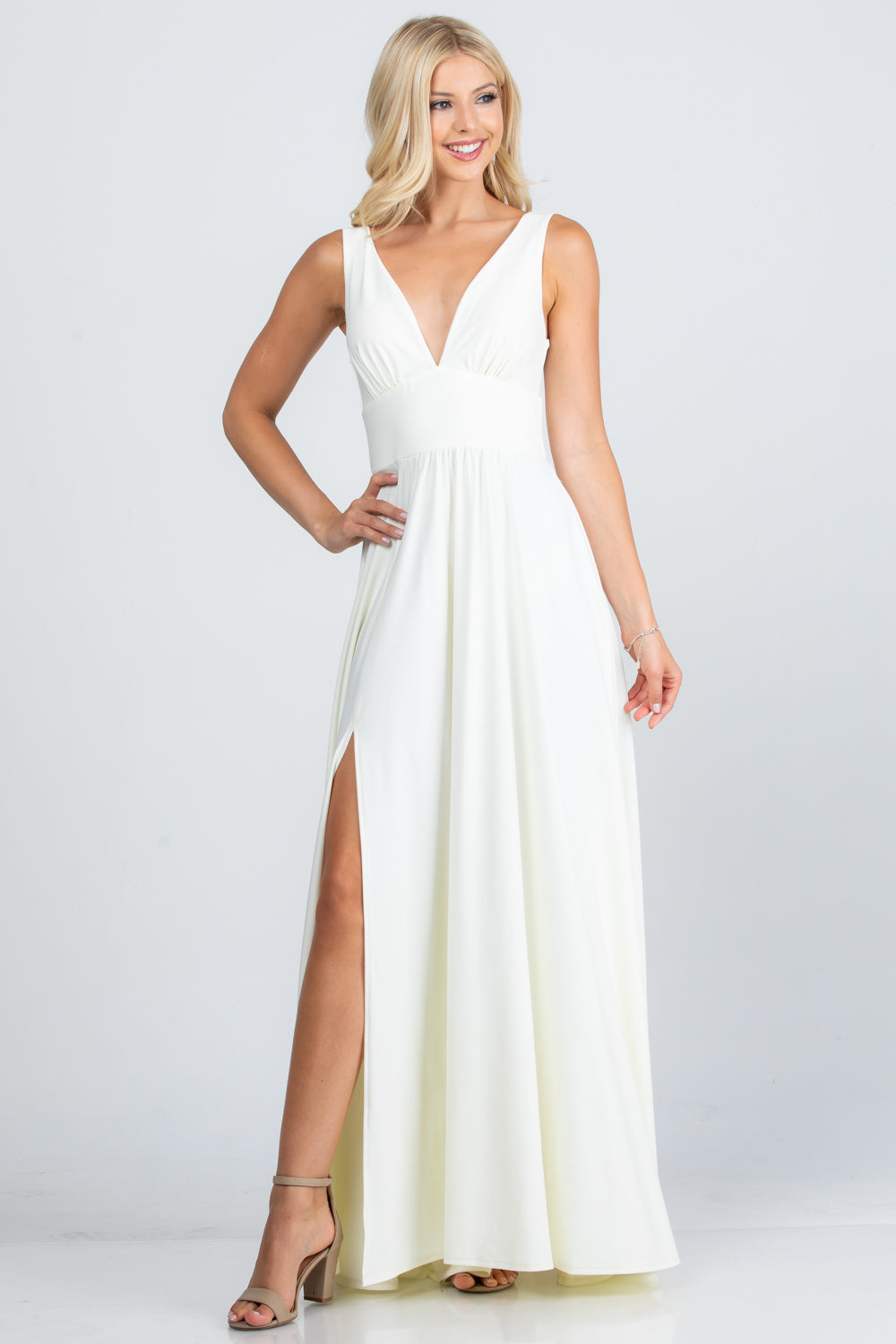 La Scala Full Tricot Deep V-Neck A-Line Dress with Side Slit 25953