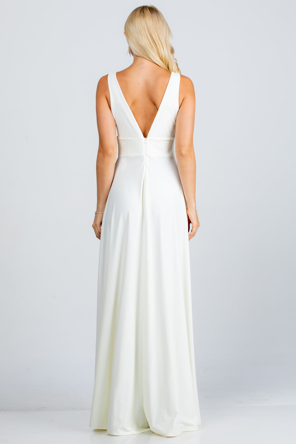 La Scala Full Tricot Deep V-Neck A-Line Dress with Side Slit 25953