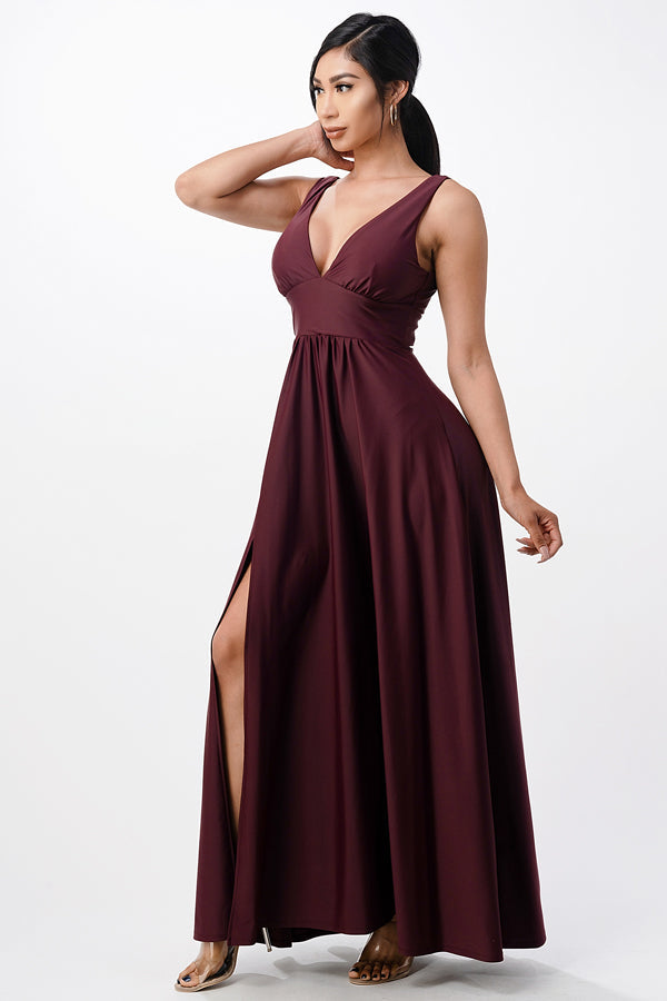 La Scala Full Tricot Deep V-Neck A-Line Dress with Side Slit 25953