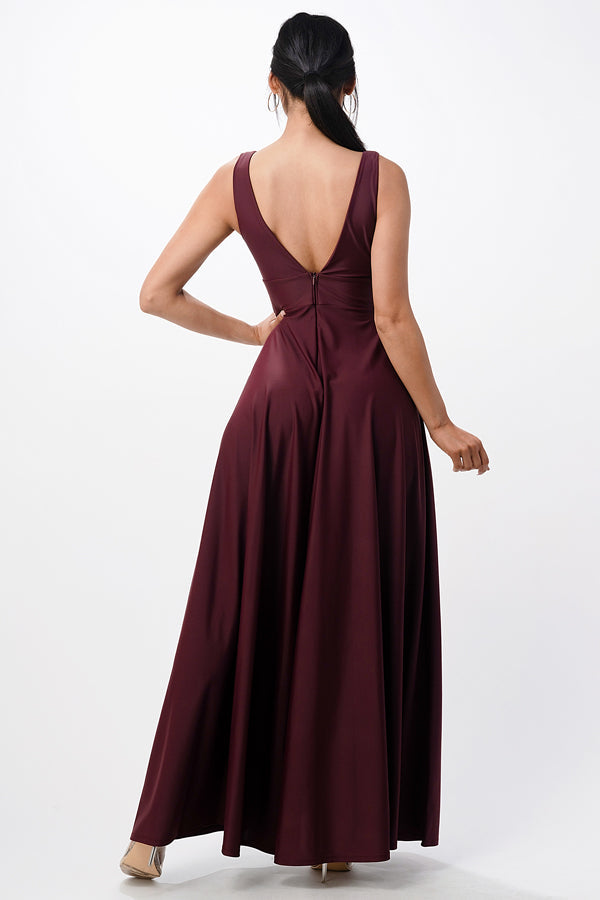 La Scala Full Tricot Deep V-Neck A-Line Dress with Side Slit 25953