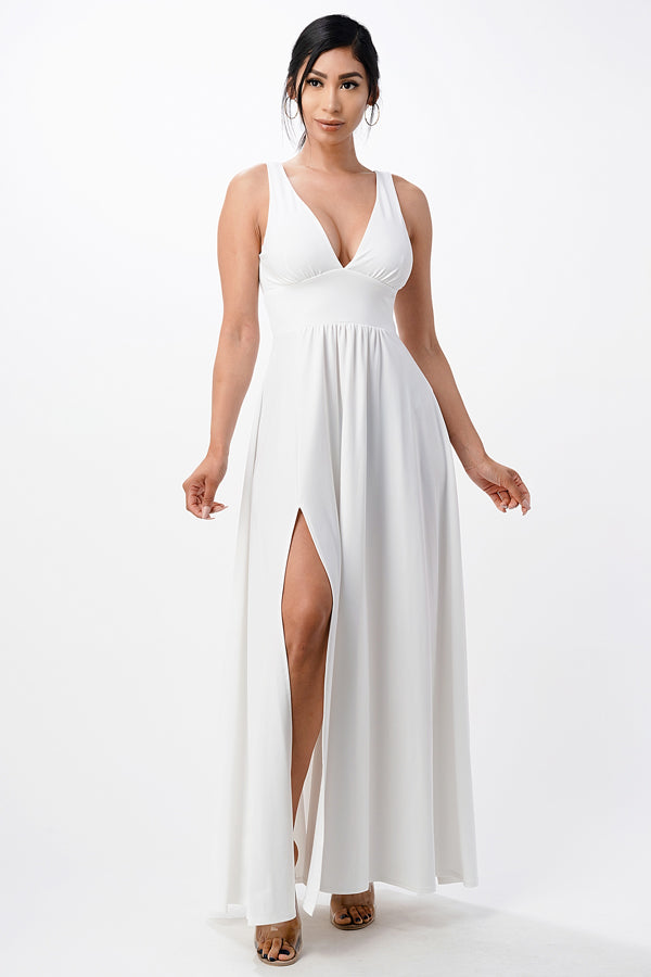 La Scala Full Tricot Deep V-Neck A-Line Dress with Side Slit 25953
