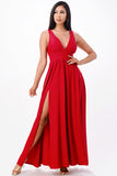La Scala Full Tricot Deep V-Neck A-Line Dress with Side Slit 25953