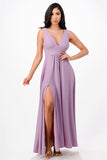 La Scala Full Tricot Deep V-Neck A-Line Dress with Side Slit 25953