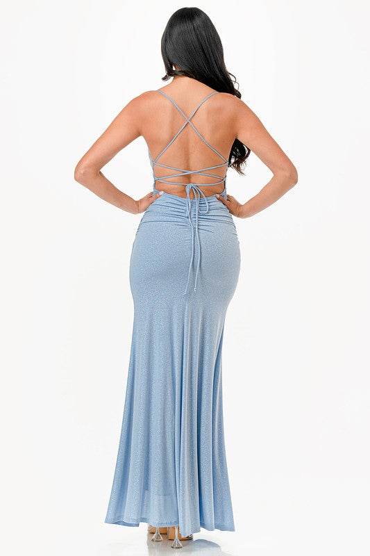 La Scala Mermaid Glittered Back Lace Up Open Slit Sleeveless Dress - Rosa Apparel