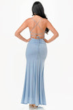 La Scala Mermaid Glittered Back Lace Up Open Slit Sleeveless Dress - Rosa Apparel