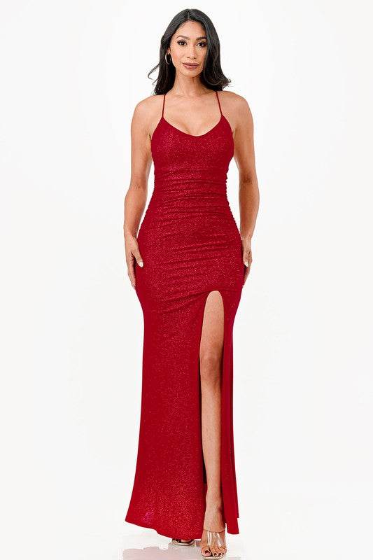 La Scala Mermaid Glittered Back Lace Up Open Slit Sleeveless Dress - Rosa Apparel