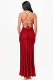 La Scala Mermaid Glittered Back Lace Up Open Slit Sleeveless Dress - Rosa Apparel