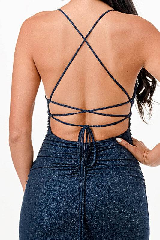 La Scala Mermaid Glittered Back Lace Up Open Slit Sleeveless Dress - Rosa Apparel