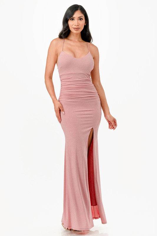 La Scala Mermaid Glittered Back Lace Up Open Slit Sleeveless Dress - Rosa Apparel
