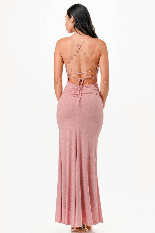 La Scala Mermaid Glittered Back Lace Up Open Slit Sleeveless Dress - Rosa Apparel