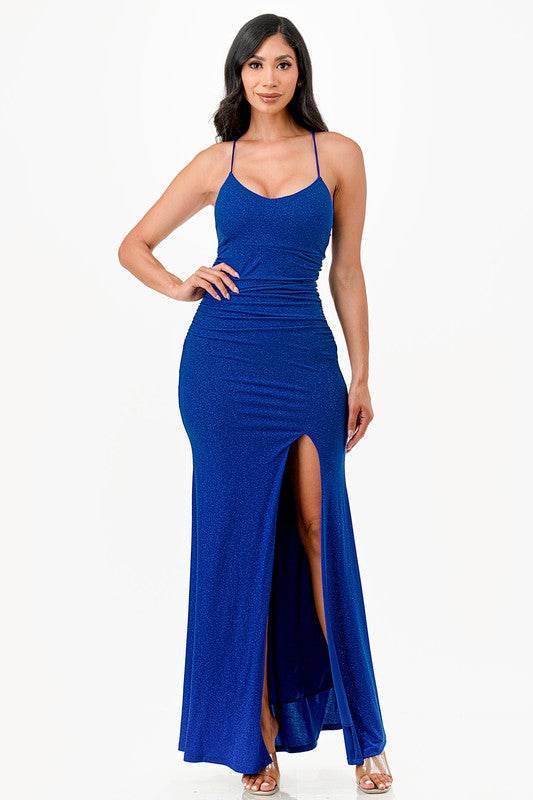 Glamorous La Scala Mermaid Dress with Glitter, Lace-Up & Slit Details Glamorous La Scala Mermaid Dress with Glitter, Lace-Up & Slit Details
