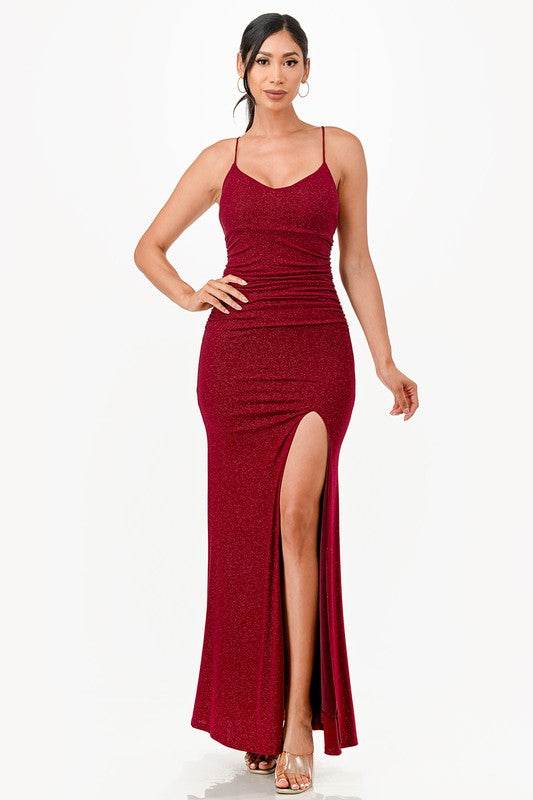La Scala Mermaid Glittered Back Lace Up Open Slit Sleeveless Dress - Rosa Apparel