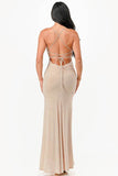 La Scala Mermaid Glittered Back Lace Up Open Slit Sleeveless Dress - Rosa Apparel