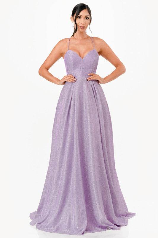 La Scala Sleeveless Back Lace Up Glitter Gown - Rosa Apparel