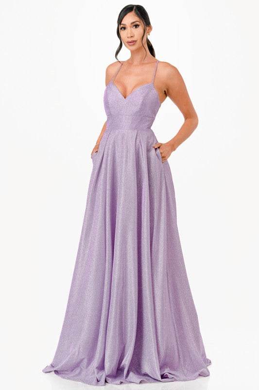 La Scala Sleeveless Back Lace Up Glitter Gown - Rosa Apparel