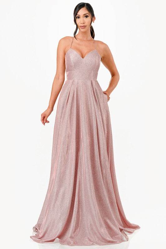 La Scala Sleeveless Back Lace Up Glitter Gown - Rosa Apparel