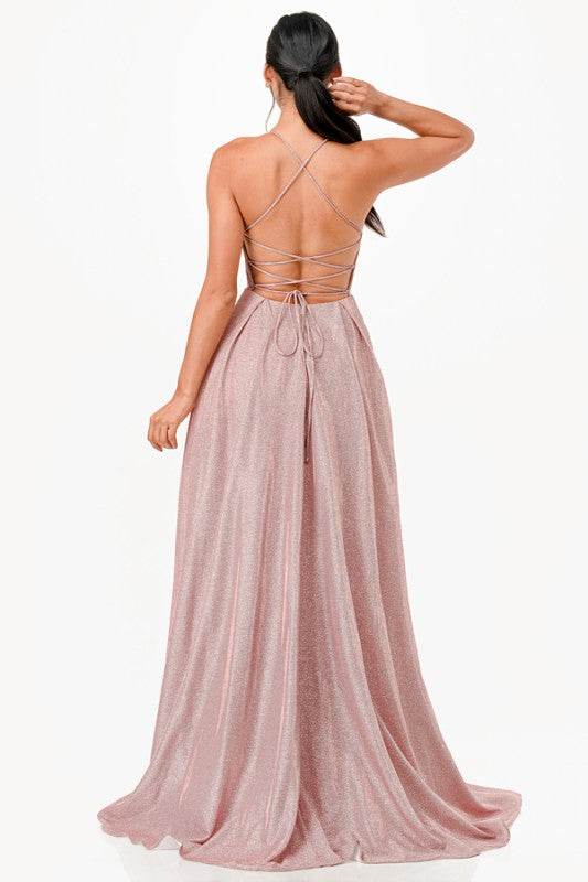 La Scala Sleeveless Back Lace Up Glitter Gown - Rosa Apparel