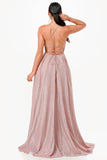La Scala Sleeveless Back Lace Up Glitter Gown - Rosa Apparel