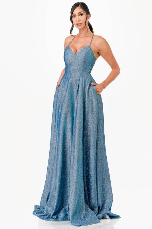 La Scala Sleeveless Back Lace Up Glitter Gown - Rosa Apparel