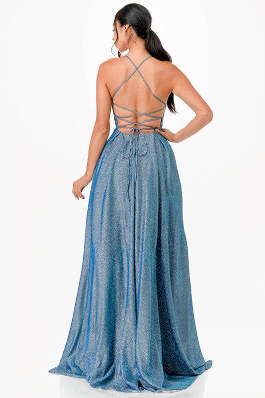 La Scala Sleeveless Back Lace Up Glitter Gown - Rosa Apparel