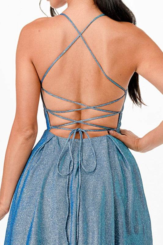 La Scala Sleeveless Back Lace Up Glitter Gown - Rosa Apparel