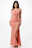 La Scala Sparkling Mermaid Knit Jacquard Side Gather Spaghetti Straps Gown - Rosa Apparel