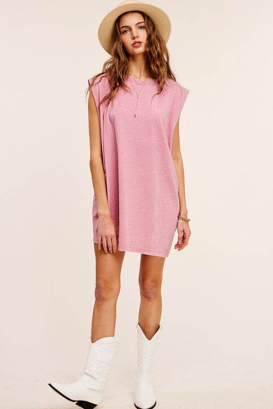 La Miel Mineral Washed Sleeveless Round Neck Loose Dress with Side Pockets - Rosa Apparel