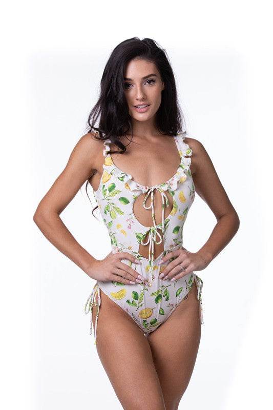 Lemon Print Ruffle Trim One Piece Swimsuit - Rosa Apparel
