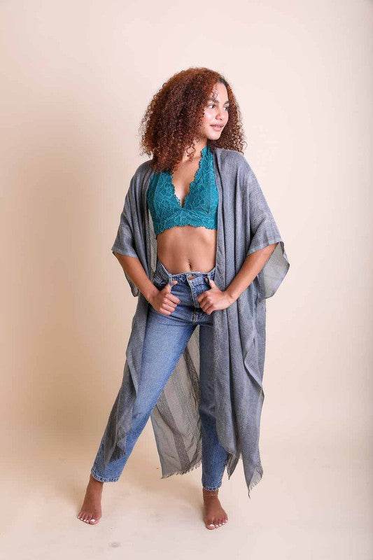 Leto Woven Long Line Short Sleeves Knee-Length Tribal Kimono - Rosa Apparel