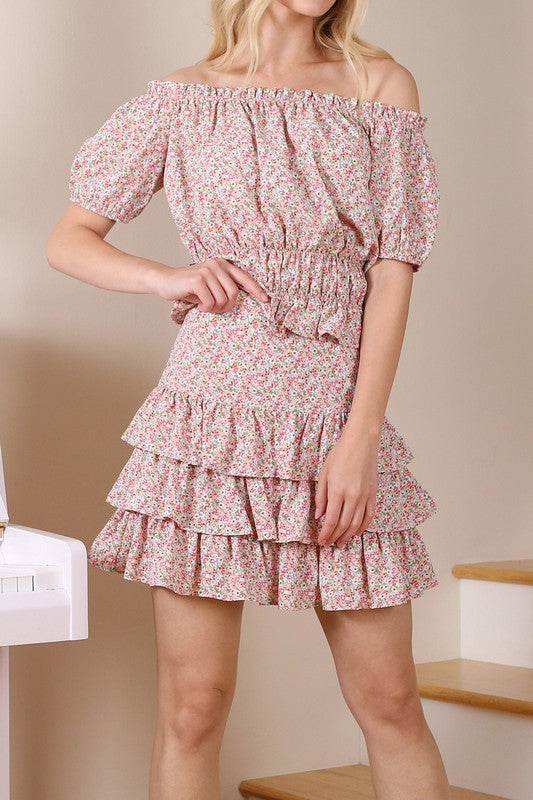 Lilou Tierd Floral Shirred Waist Layered Ruffle Hem Skirt - Rosa Apparel