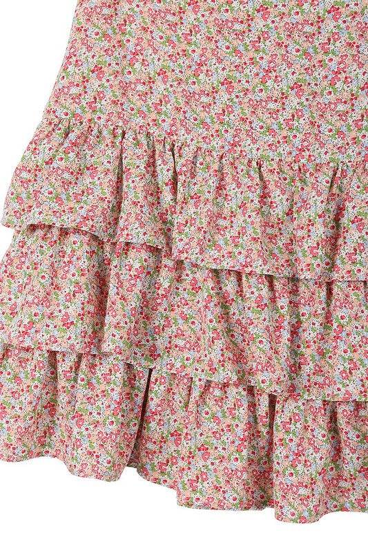 Lilou Tierd Floral Shirred Waist Layered Ruffle Hem Skirt - Rosa Apparel
