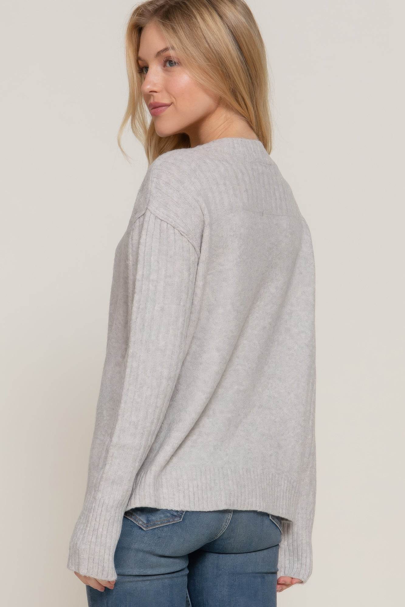 Long Sleeve Mock Neck Raised Seam Sweater - Rosa Apparel