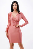 Long sleeve shiny tricot overlap midi dress.