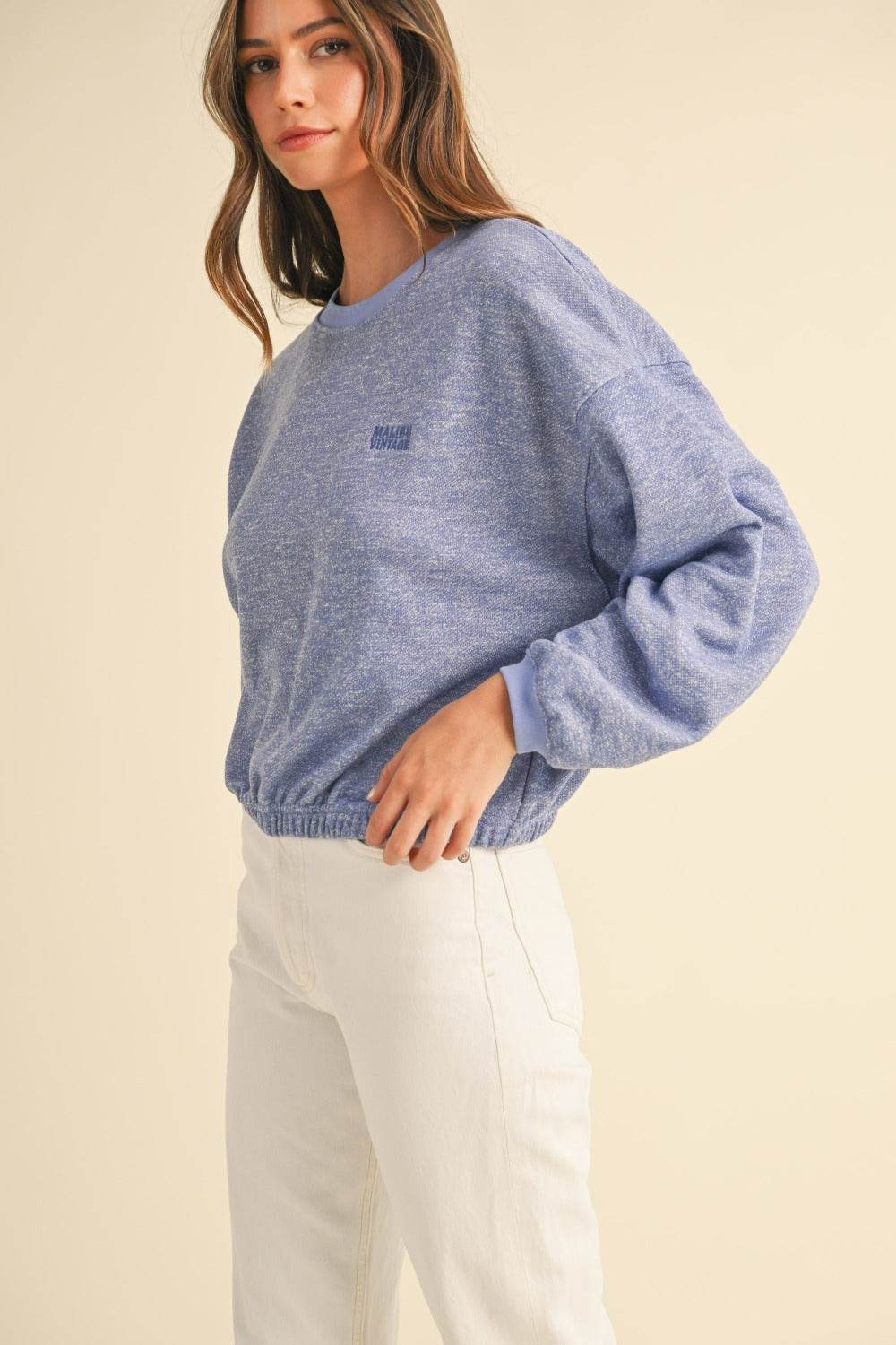 Mable Round Neck Letter Embroidery Crop Sweatshirt - Rosa Apparel