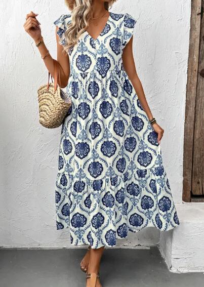 Miss Sparkling Botanical Print V-Neck Midi Dress
