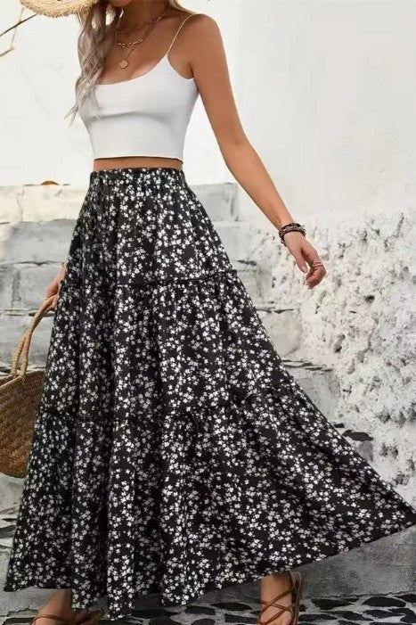 Miss Sparkling Floral High Waist Tiered Maxi Skirt