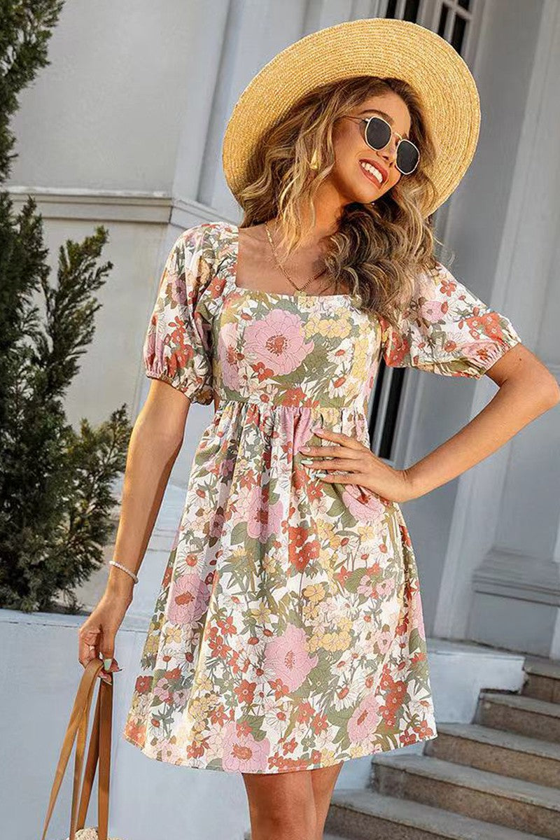 Miss Sparkling Floral Smocked Tie Front Mini Dress