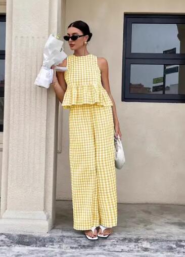 Miss Sparkling Gingham Ruffle Back Wide Leg Pants Set