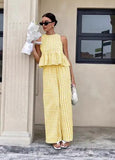 Miss Sparkling Gingham Ruffle Back Wide Leg Pants Set