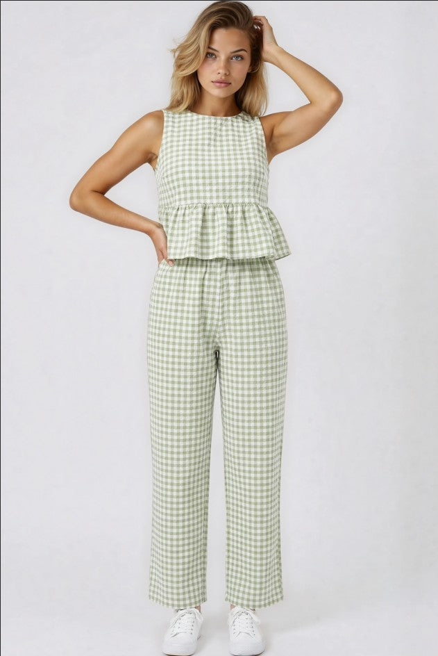 Miss Sparkling Gingham Ruffle Back Wide Leg Pants Set