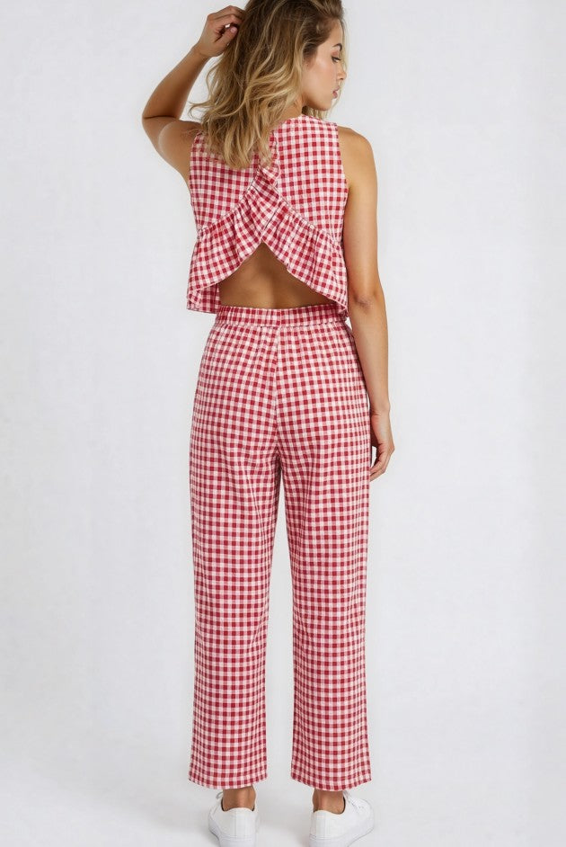 Miss Sparkling Gingham Ruffle Back Wide Leg Pants Set
