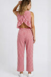 Miss Sparkling Gingham Ruffle Back Wide Leg Pants Set
