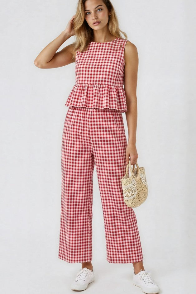 Miss Sparkling Gingham Ruffle Back Wide Leg Pants Set