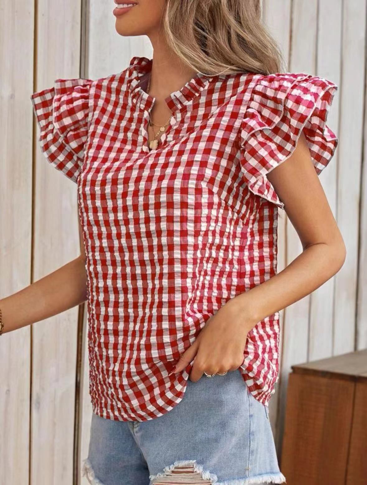 Miss Sparkling Gingham Ruffle Sleeve Blouse