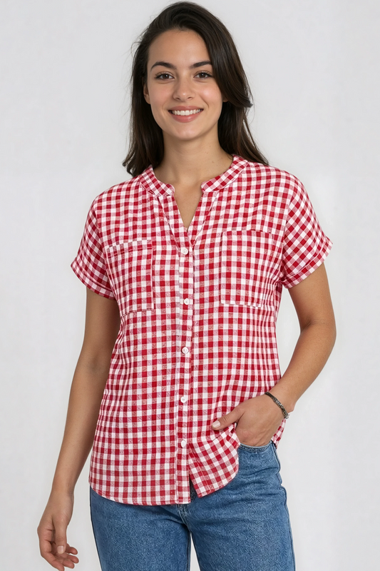 Miss Sparkling Red Gingham Button Front Shirt Top