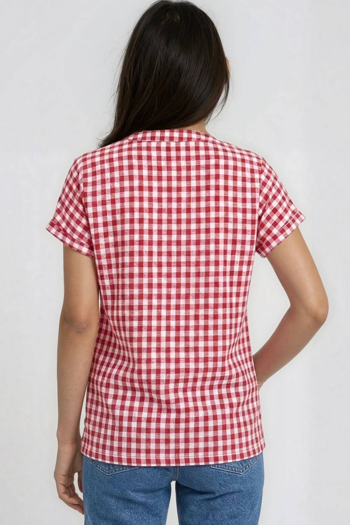 Miss Sparkling Red Gingham Button Front Shirt Top