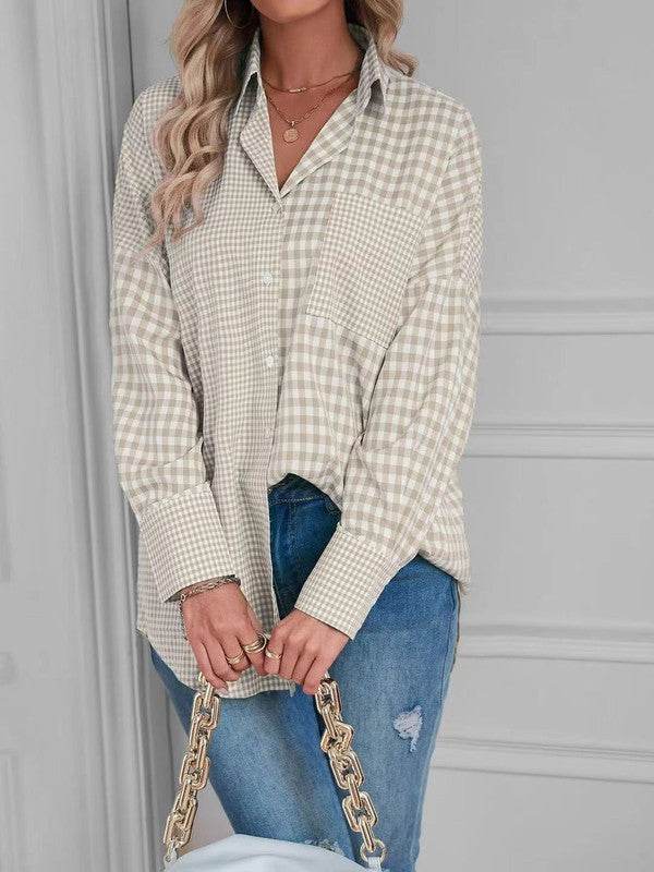 Miss Sparkling Elegant Plaid Button Up Long Sleeves V-Neck Blouse - Rosa Apparel