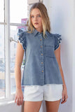 Mittoshop Washed Denim Ruffle Short Sleeve Collared Shirt - Rosa Apparel