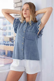 Mittoshop Washed Denim Ruffle Short Sleeve Collared Shirt - Rosa Apparel
